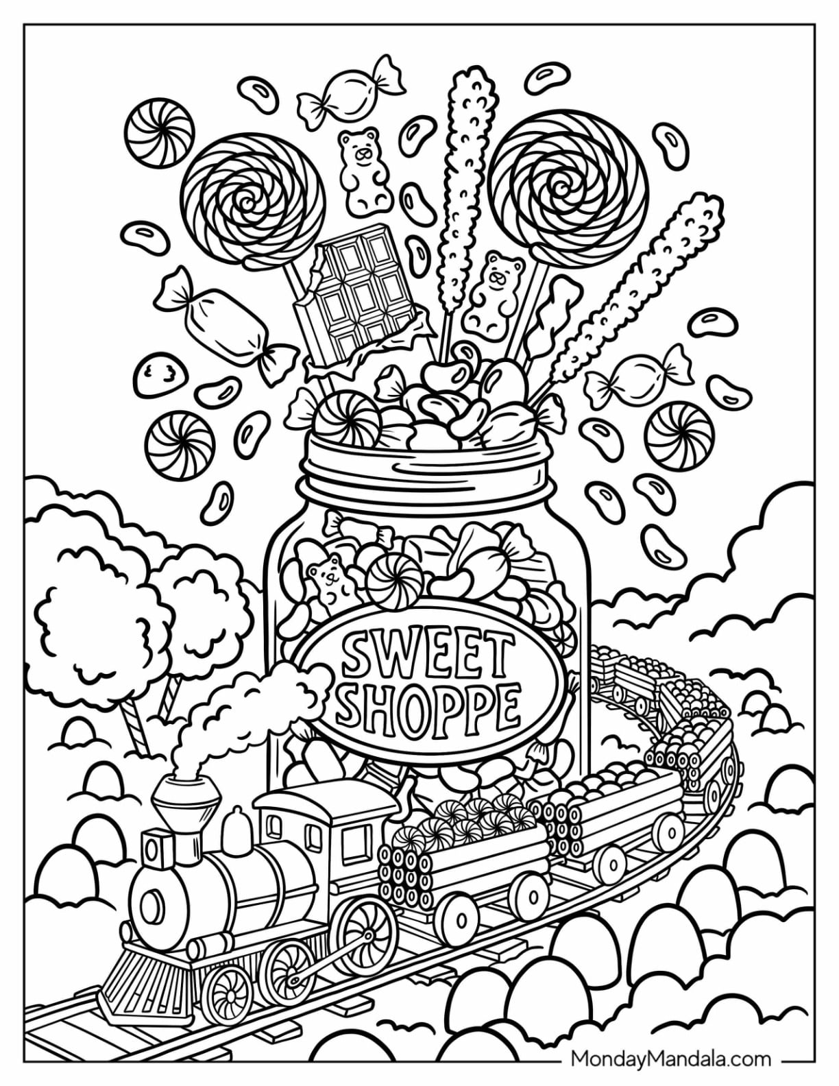 Candy Coloring Page of Train Passing By Sweet Shoppe Candy Jar Bursting With Sweets