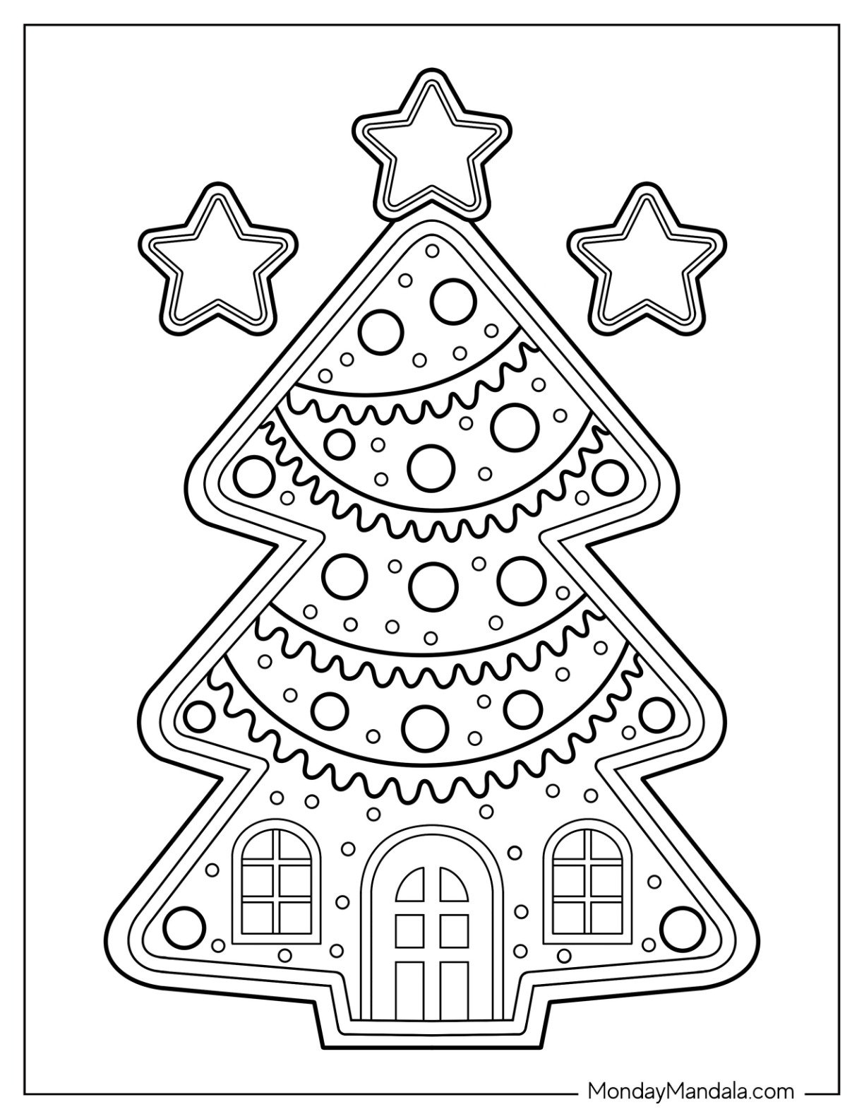 Tree Shaped Gingerbread House Coloring Page with Stars and Icing Decorations for Kids
