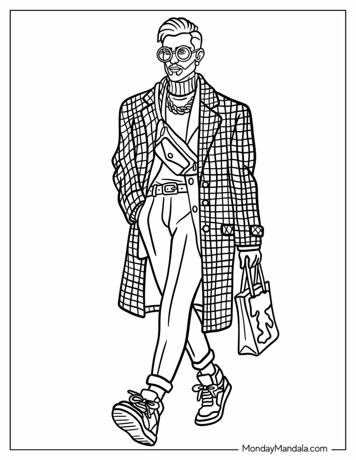 Trendy Man in a Plaid Overcoat and Sneakers Strutting with Shopping Bag Fashion Coloring Page