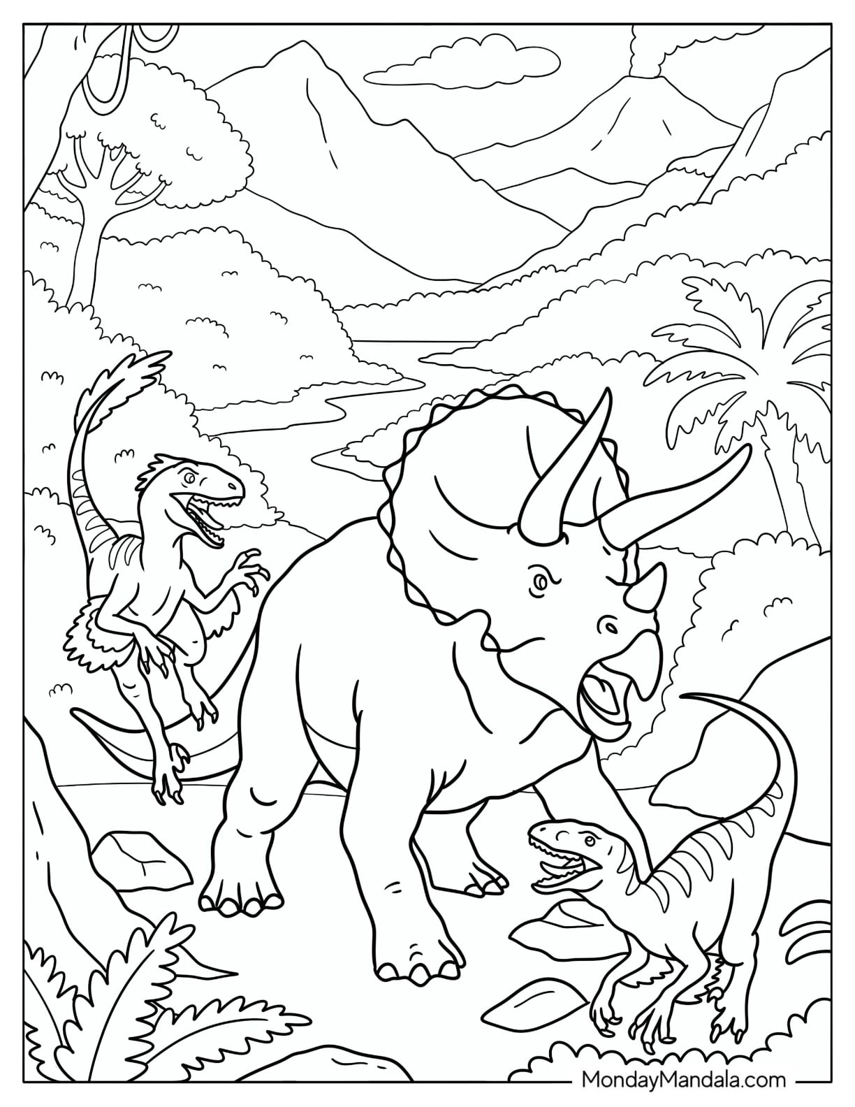 Triceratops Confronting Two Velociraptors in a Prehistoric Valley