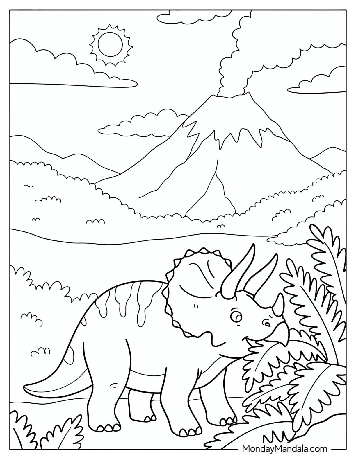 Triceratops Eating Ferns Near an Erupting Volcano