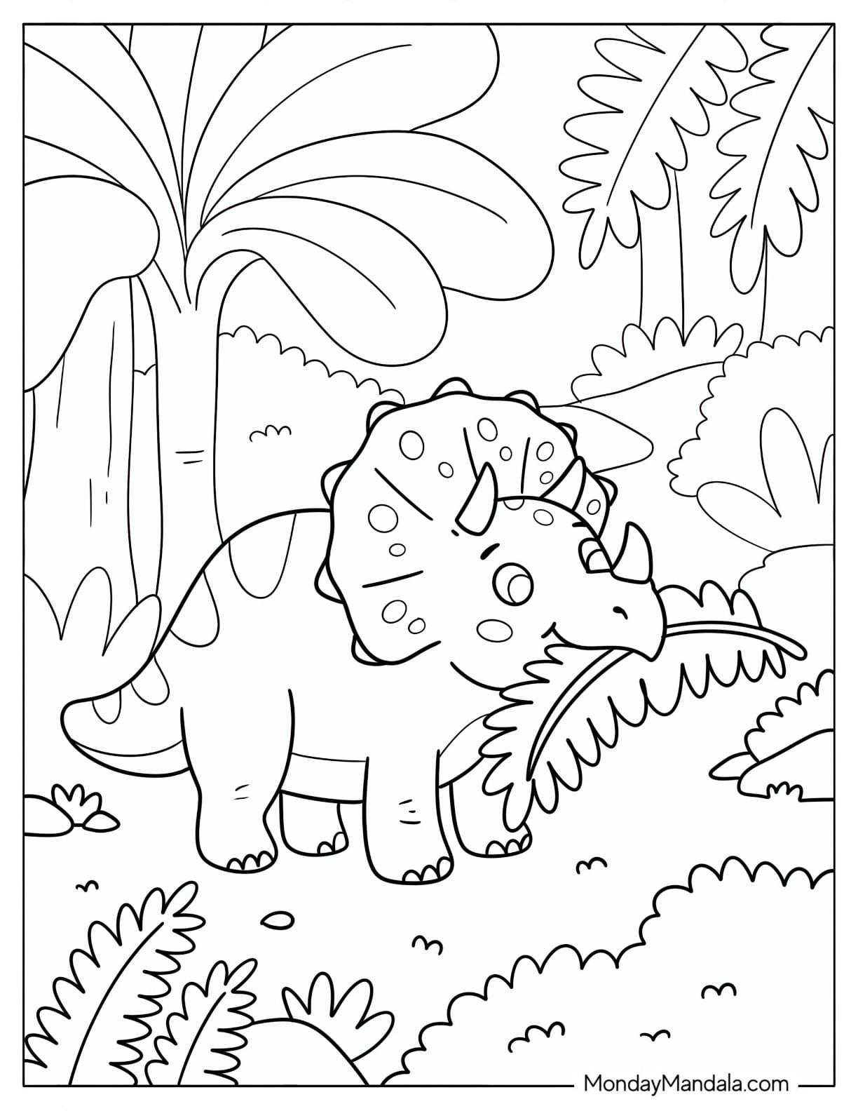 Triceratops Eating Ferns in a Jungle Coloring Page for Kids