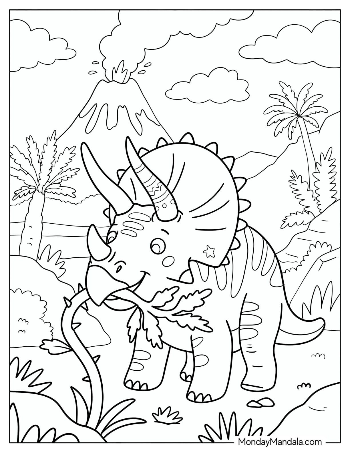 Triceratops Eating Leaves Near an Erupting Volcano Coloring Page