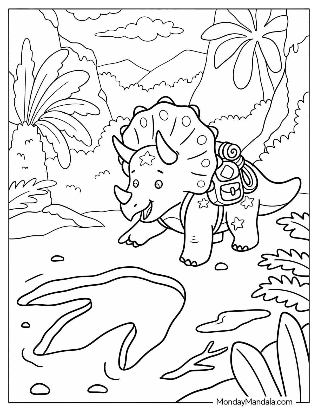 Triceratops Following Footprints Through the Jungle Coloring Page for Kids