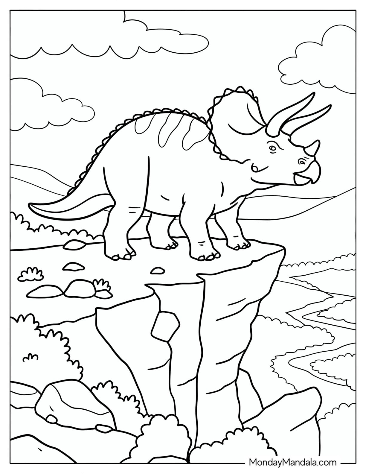 Triceratops Standing on a Rocky Cliff Above a River Valley Coloring Sheet