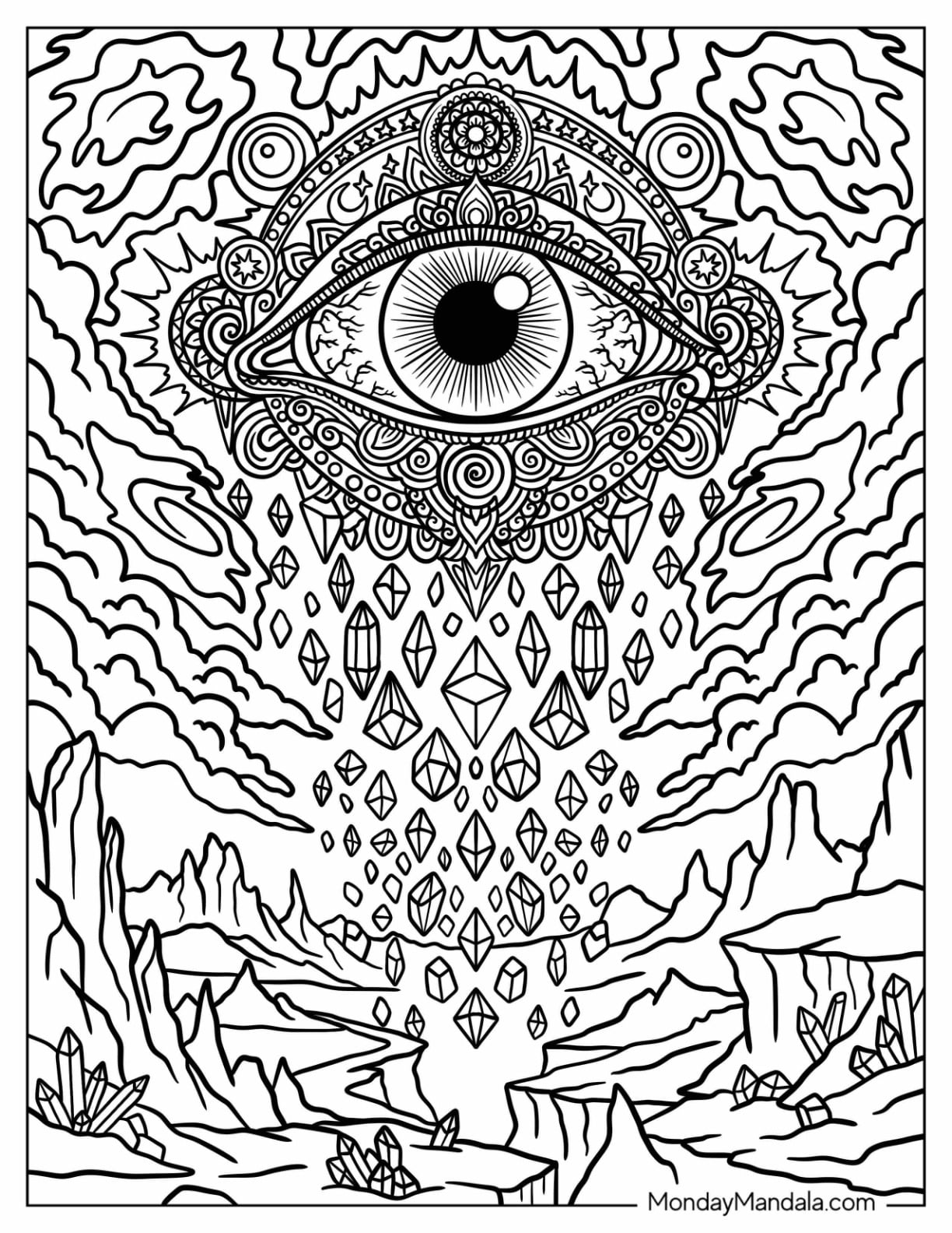 Trippy Eye in the Sky with Crystals Coloring Sheet