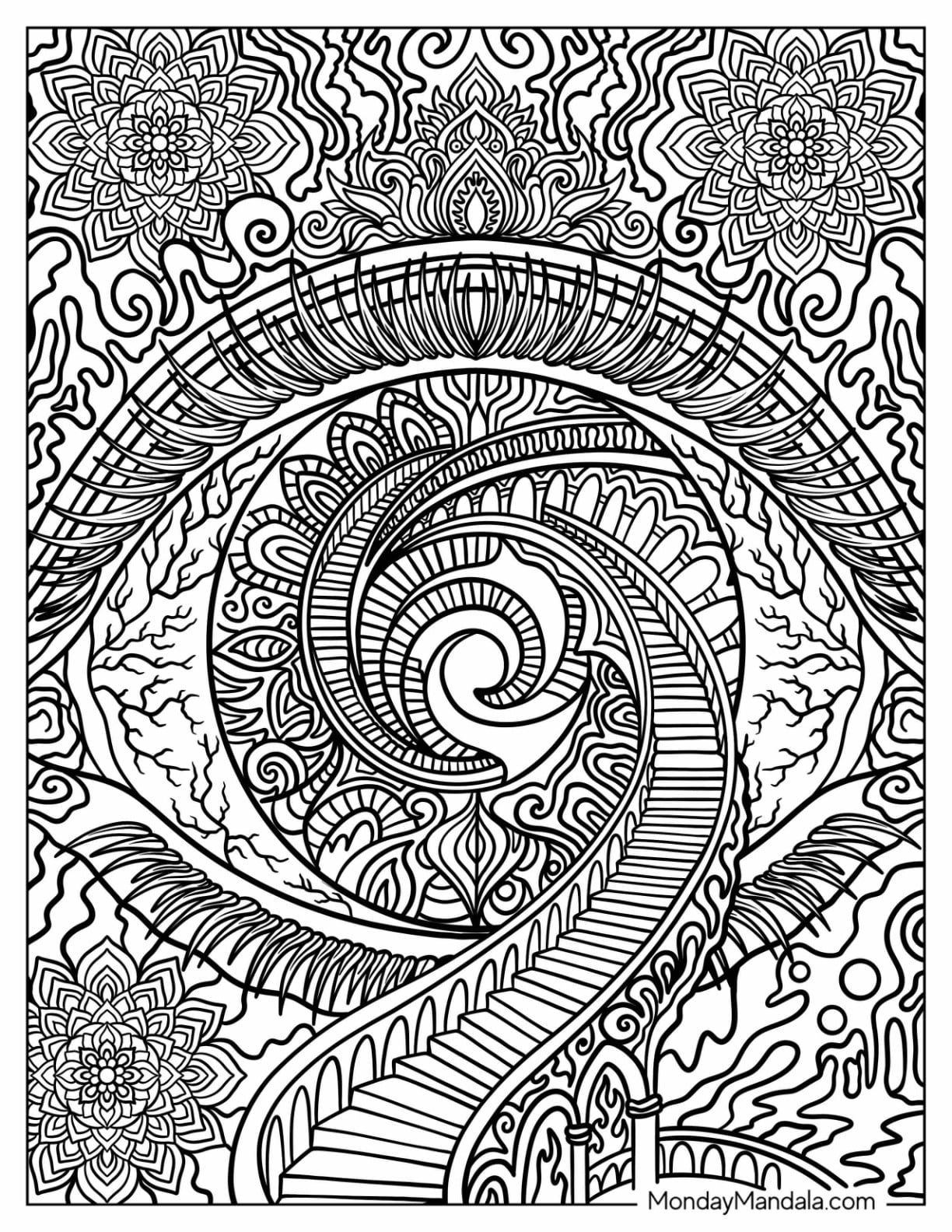 Trippy Eye with Flower Mandala and Winding Staircase Coloring Page