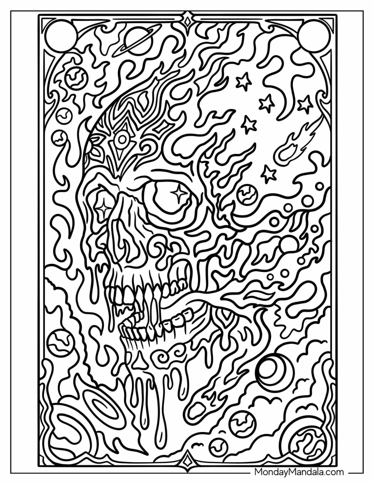 Trippy Flaming Skull with Planets Coloring Page