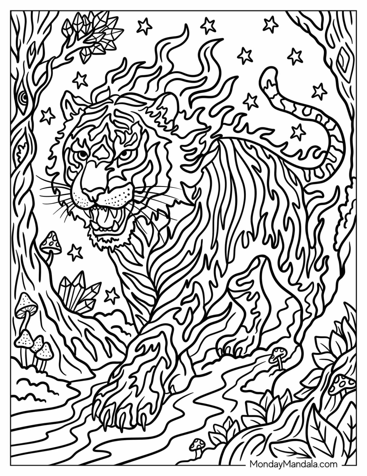 Trippy Flaming Tiger in the Jungle Coloring Sheet