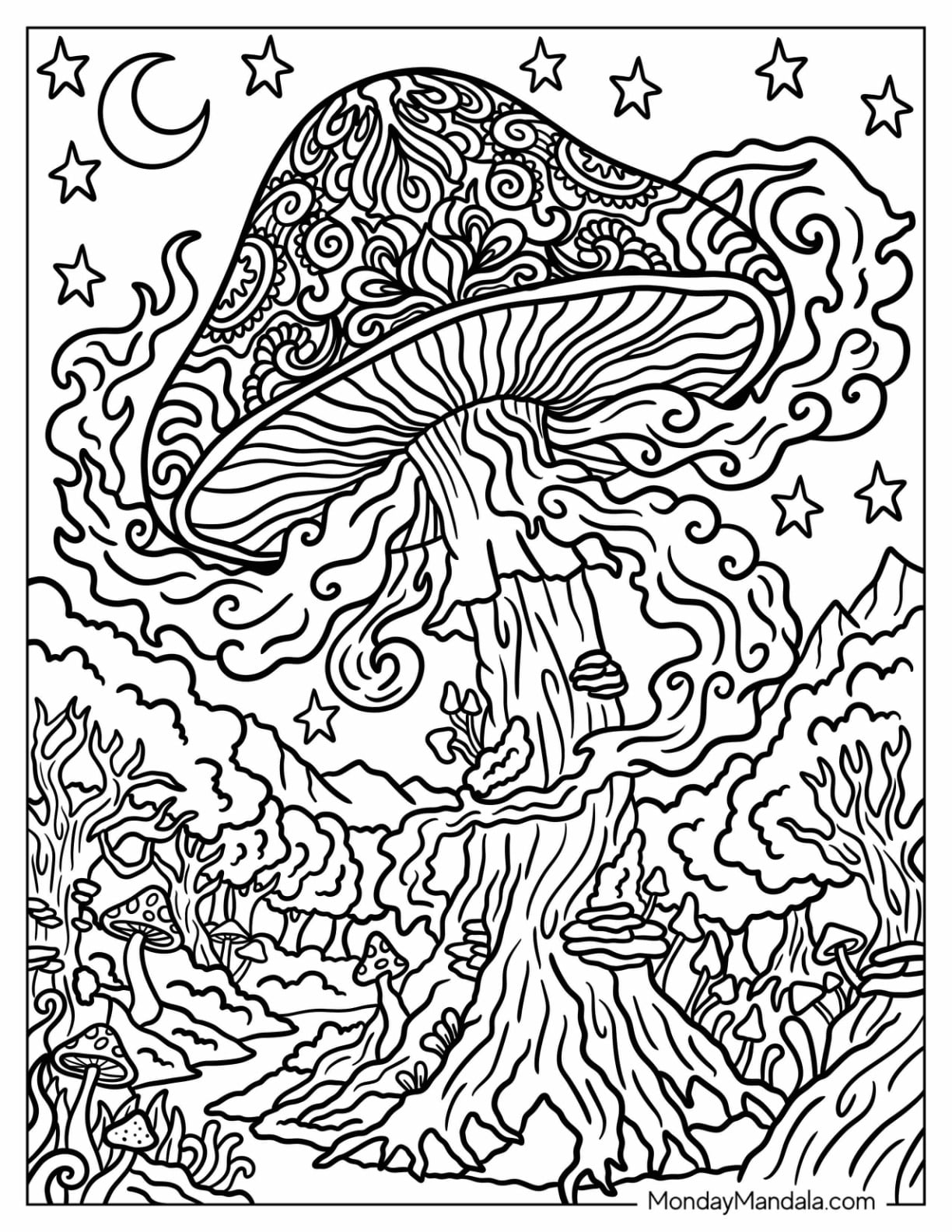 Trippy Giant Mushroom with Mandala Coloring Page