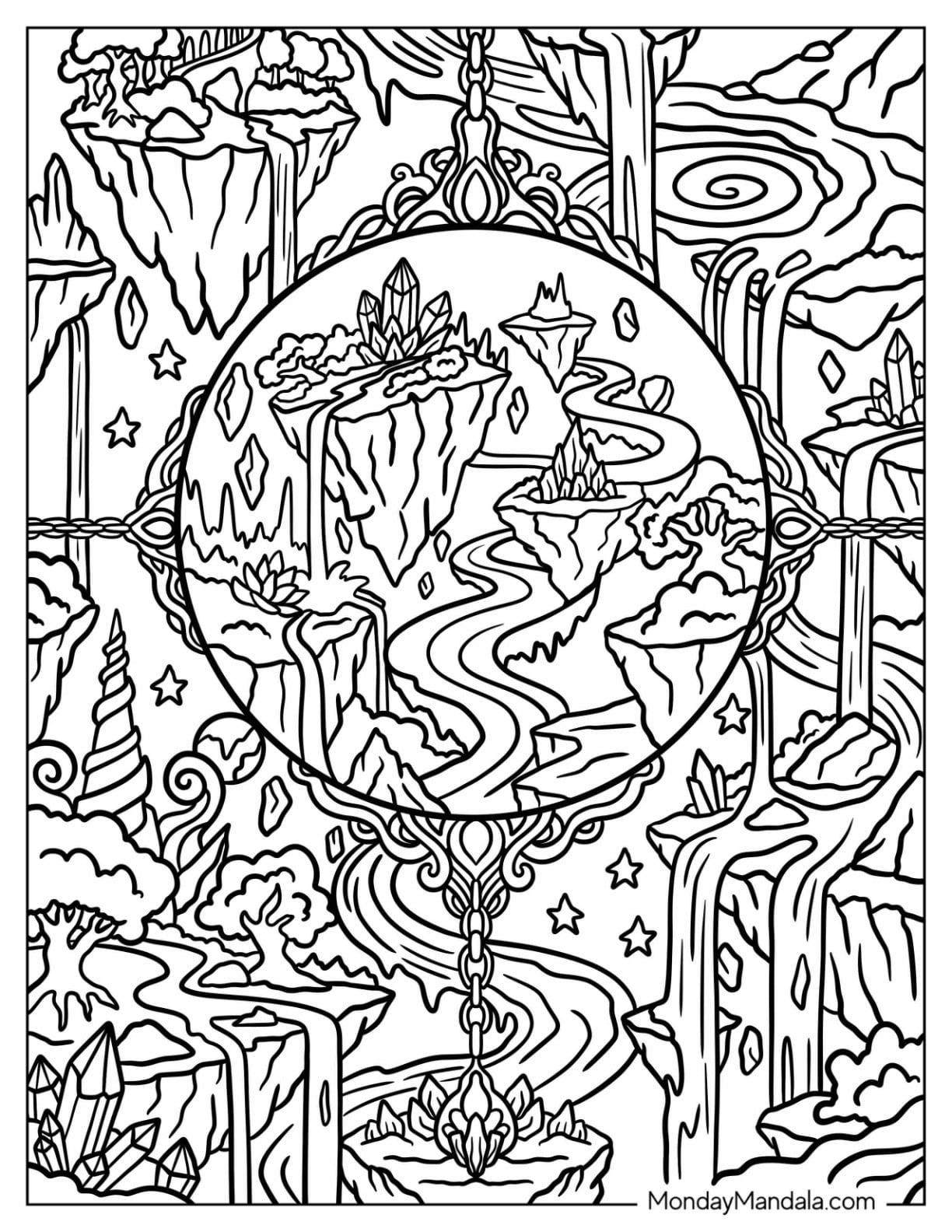 Trippy Glass with Floating Islands and Waterfalls Coloring Page