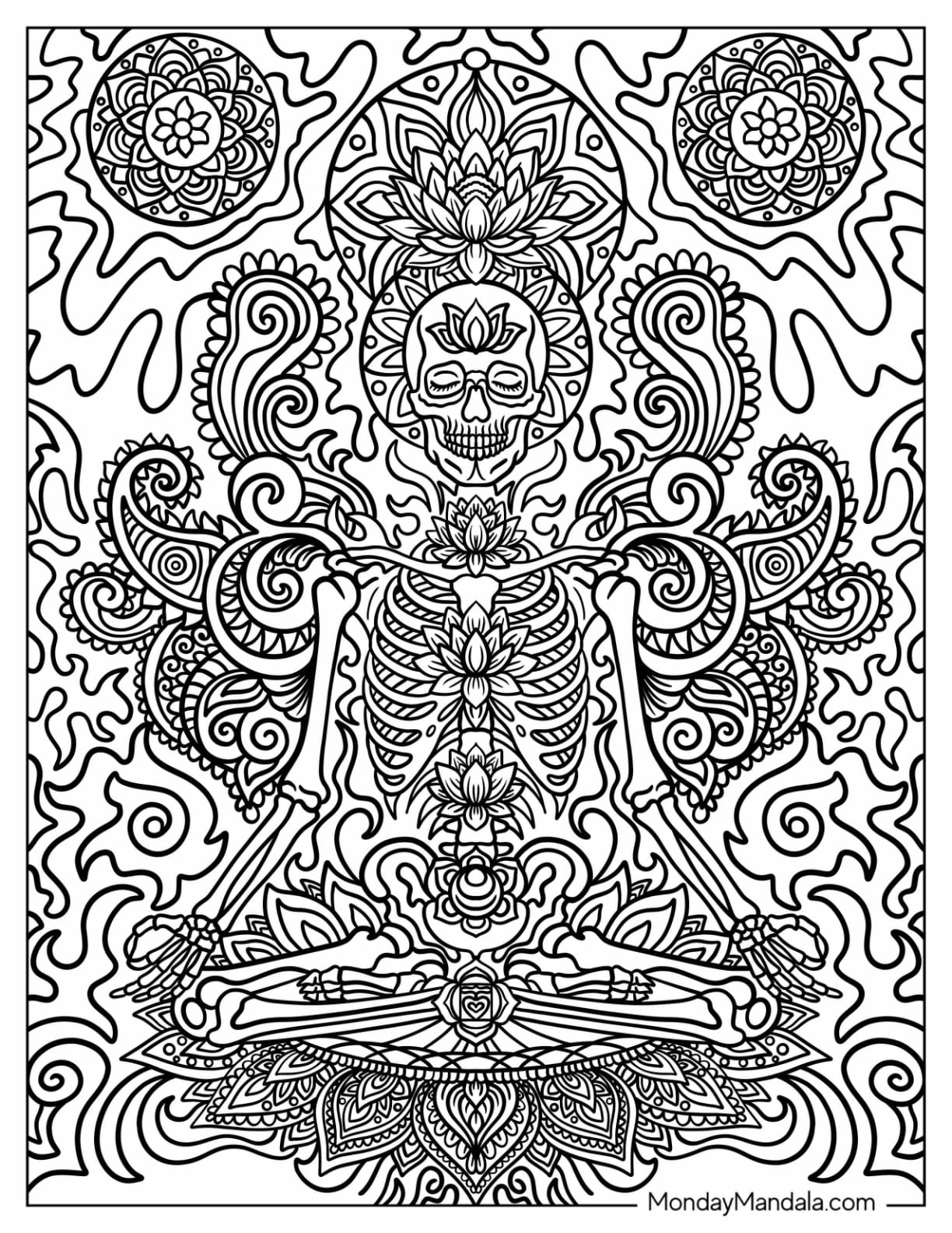 Trippy Meditating Skeleton with Flower Mandalas