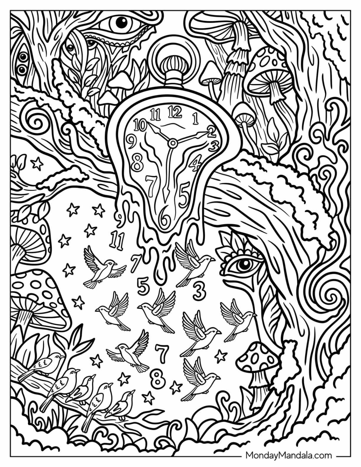 Trippy Melting Clock in a Jungle Coloring Page