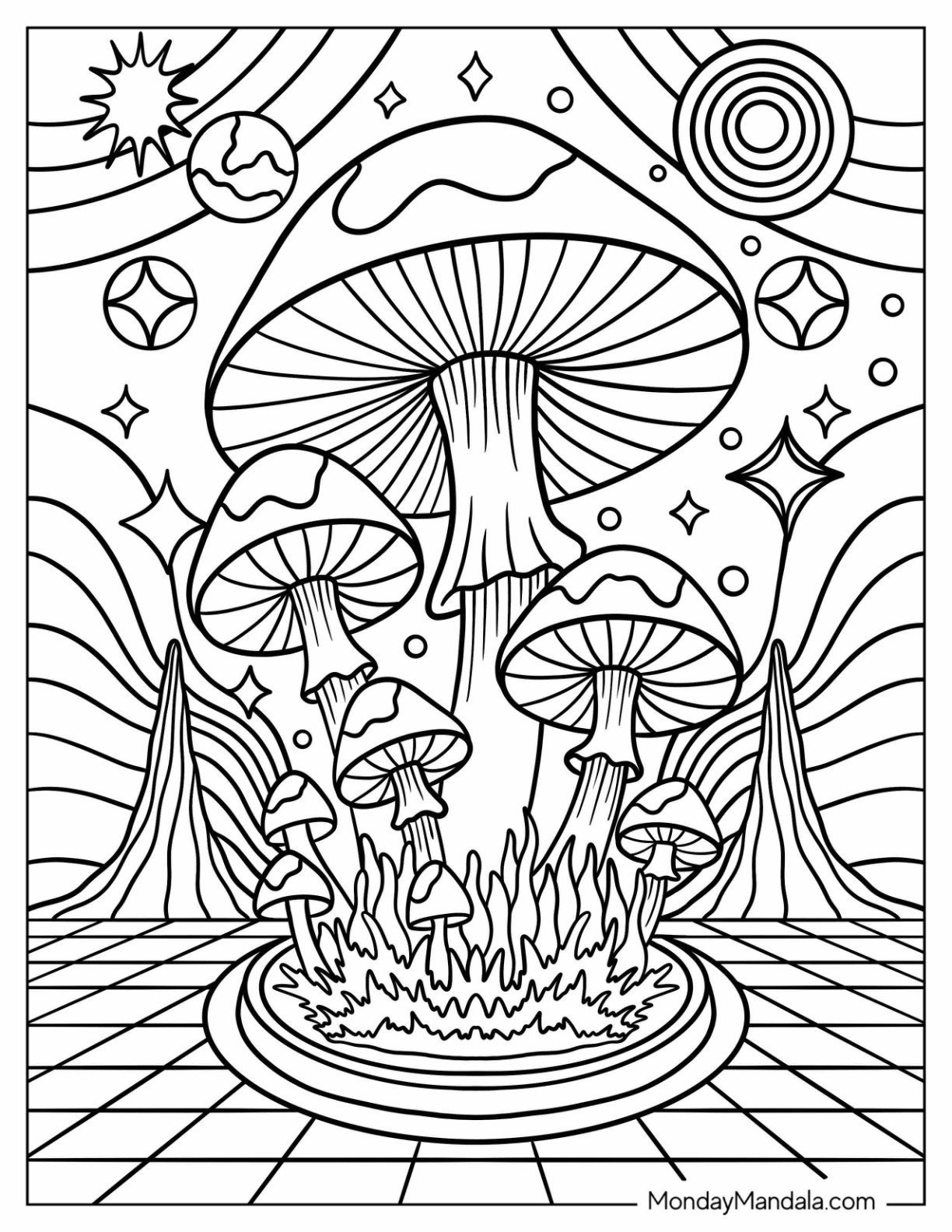 Trippy Mushroom Garden Beneath the Stars Coloring Sheet for Kids