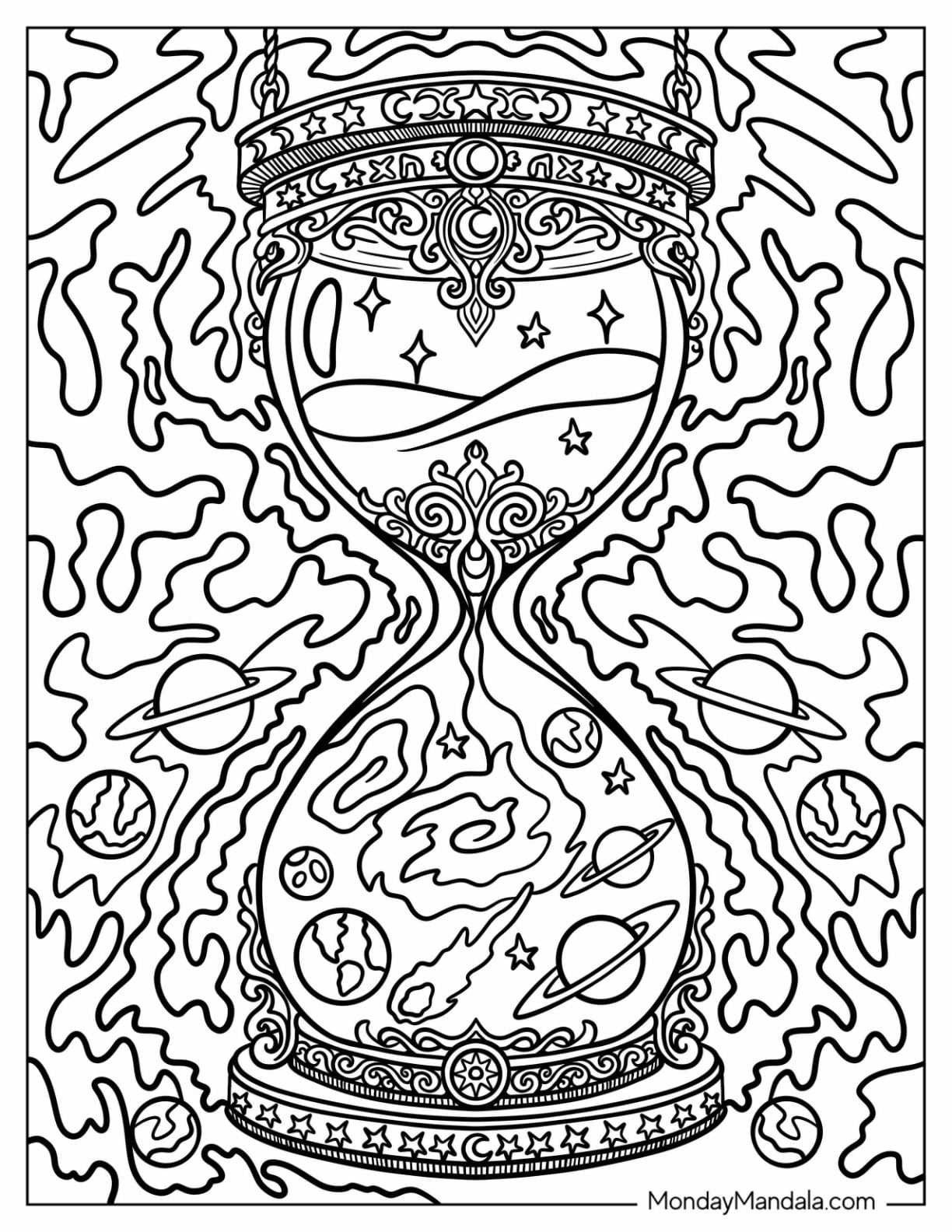Trippy Sandglass with Planets Coloring Sheet