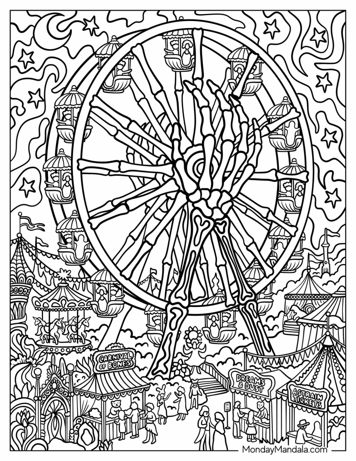 Trippy Skeleton Ferris Wheel with Starry Sky Coloring Page