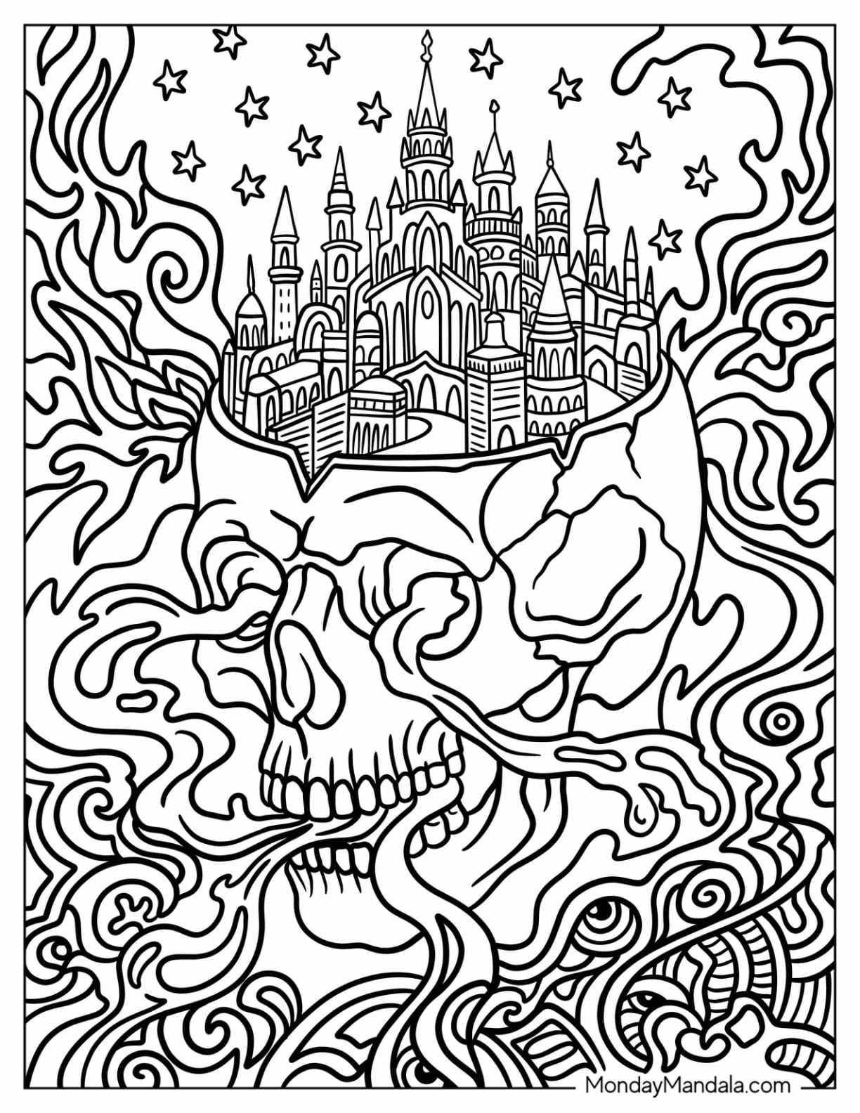 Trippy Skull with Castle and Smoke