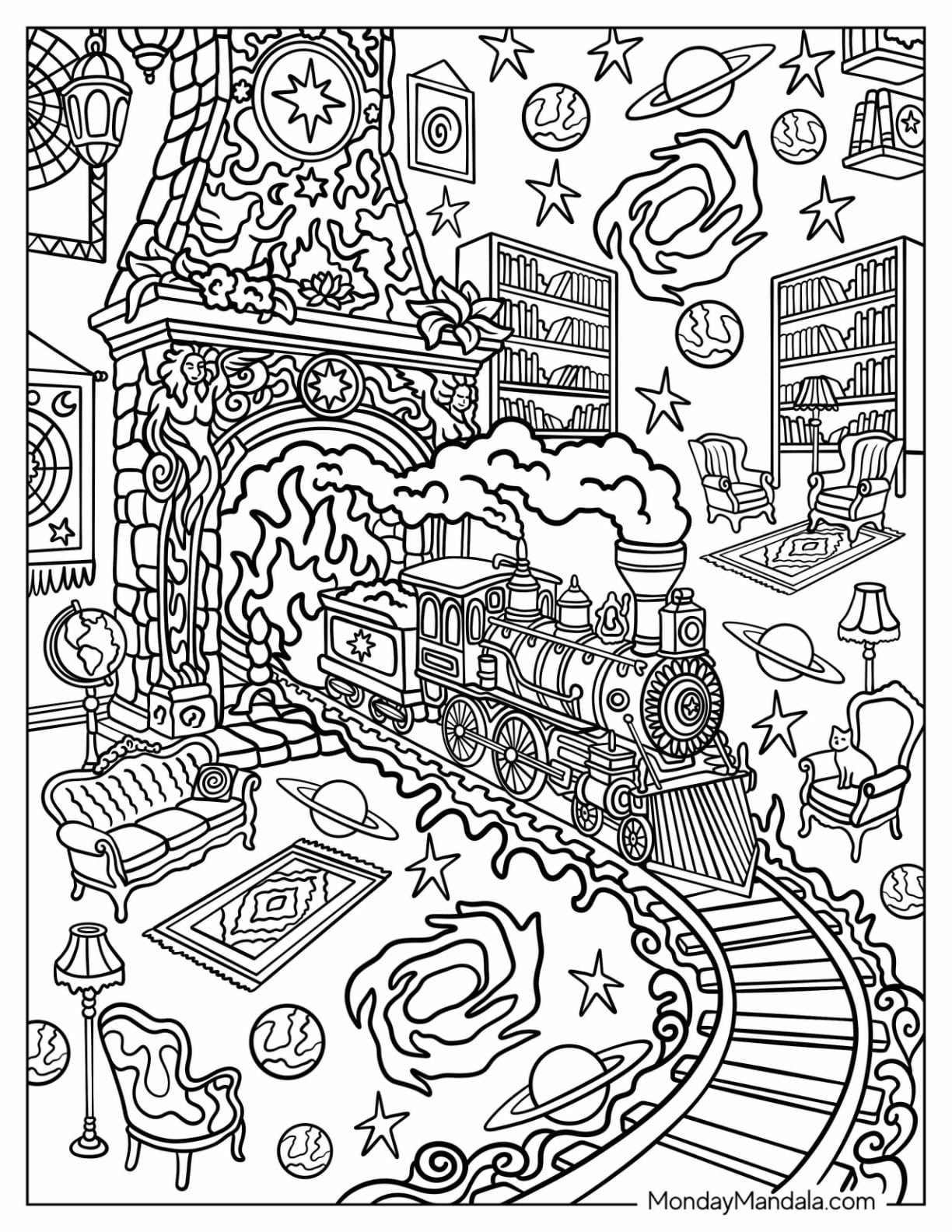 Trippy Train Exiting a Fireplace Tunnel in Galactic Living Room