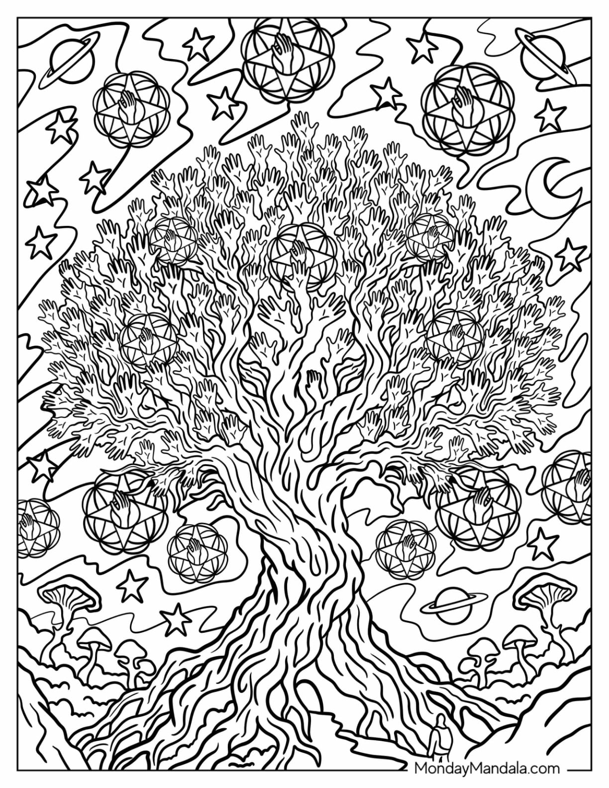 Trippy Tree Made of Intertwined Hands Coloring Page