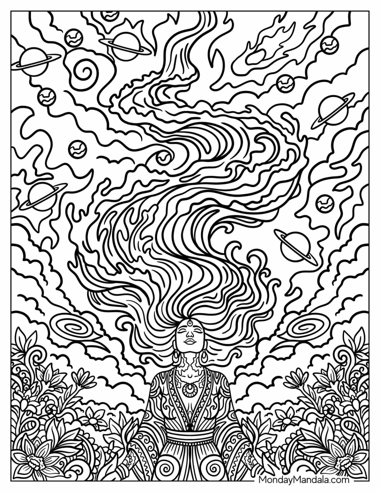 Trippy Woman with Flaming Hair in the Sky Coloring Page