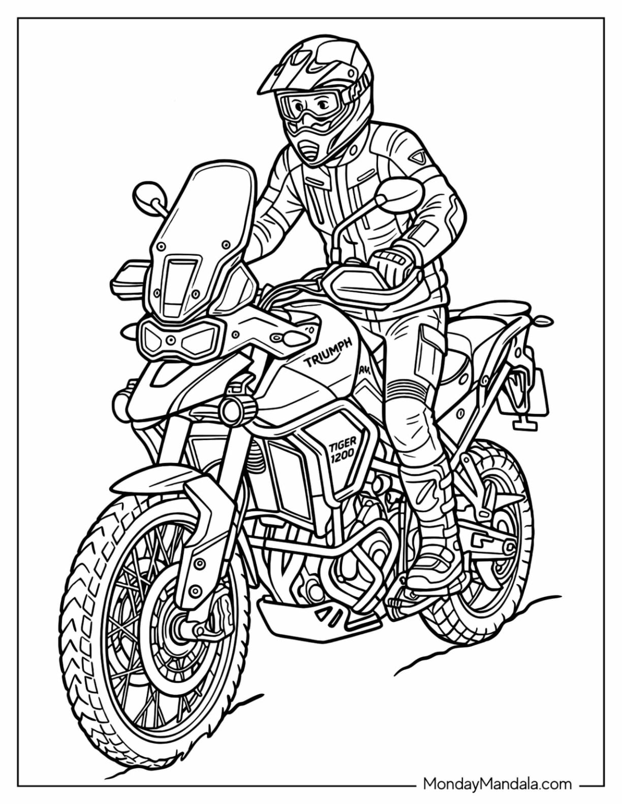 Triumph Tiger 1200 Adventure Motorcycle with Rider Coloring Page