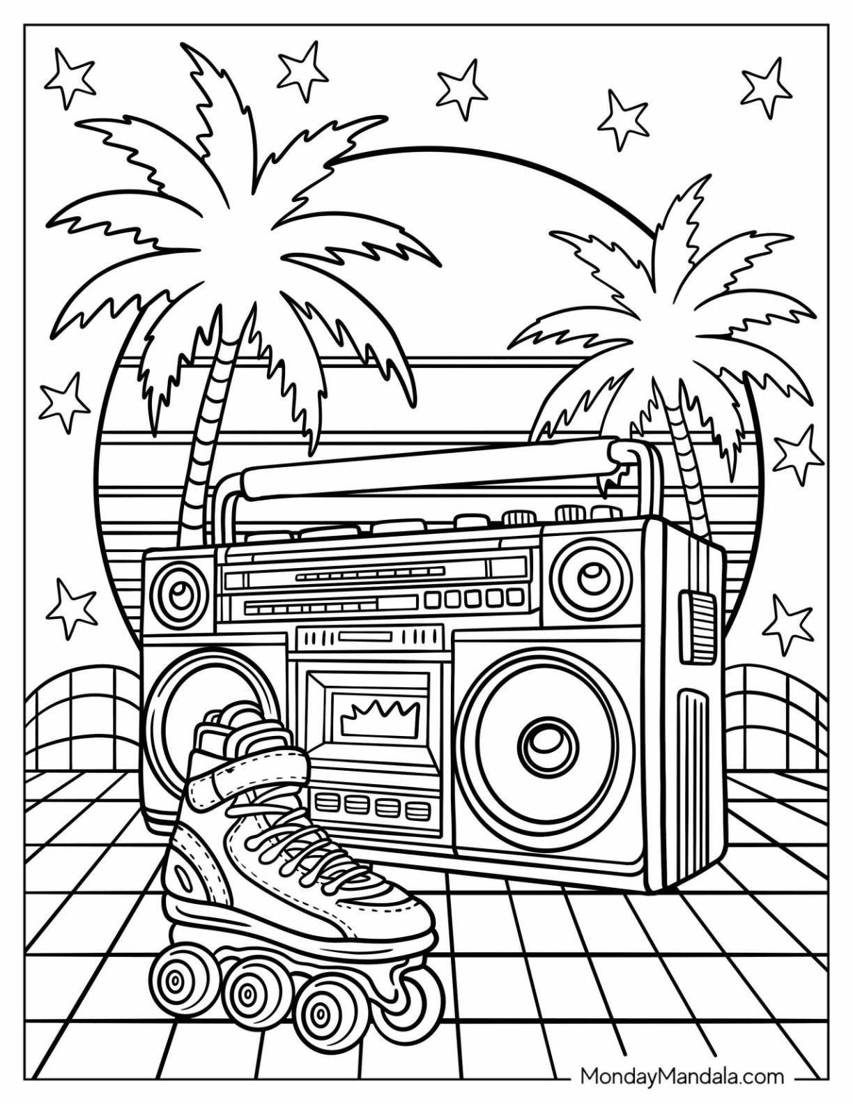 80's Coloring Page of Tropical Boombox and Roller Skate Under Palm Trees