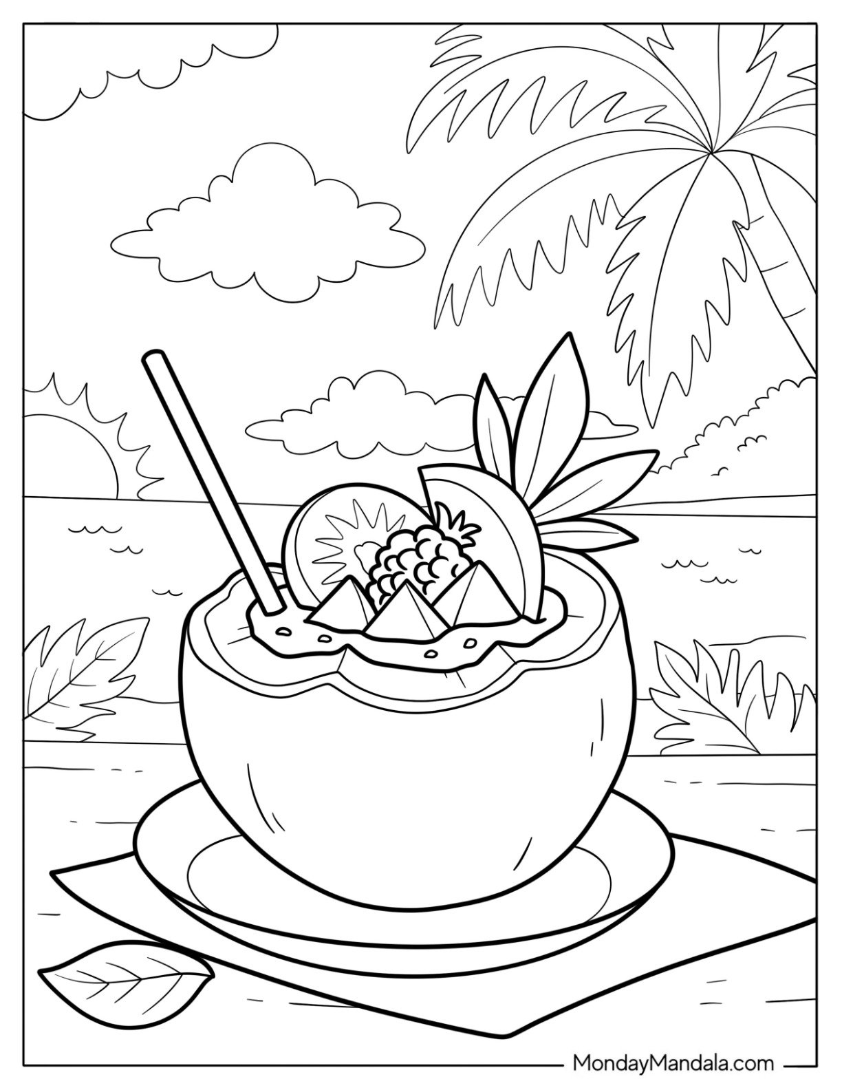 Tropical Coconut Drink with Fruit Garnish and Sunset Beach View
