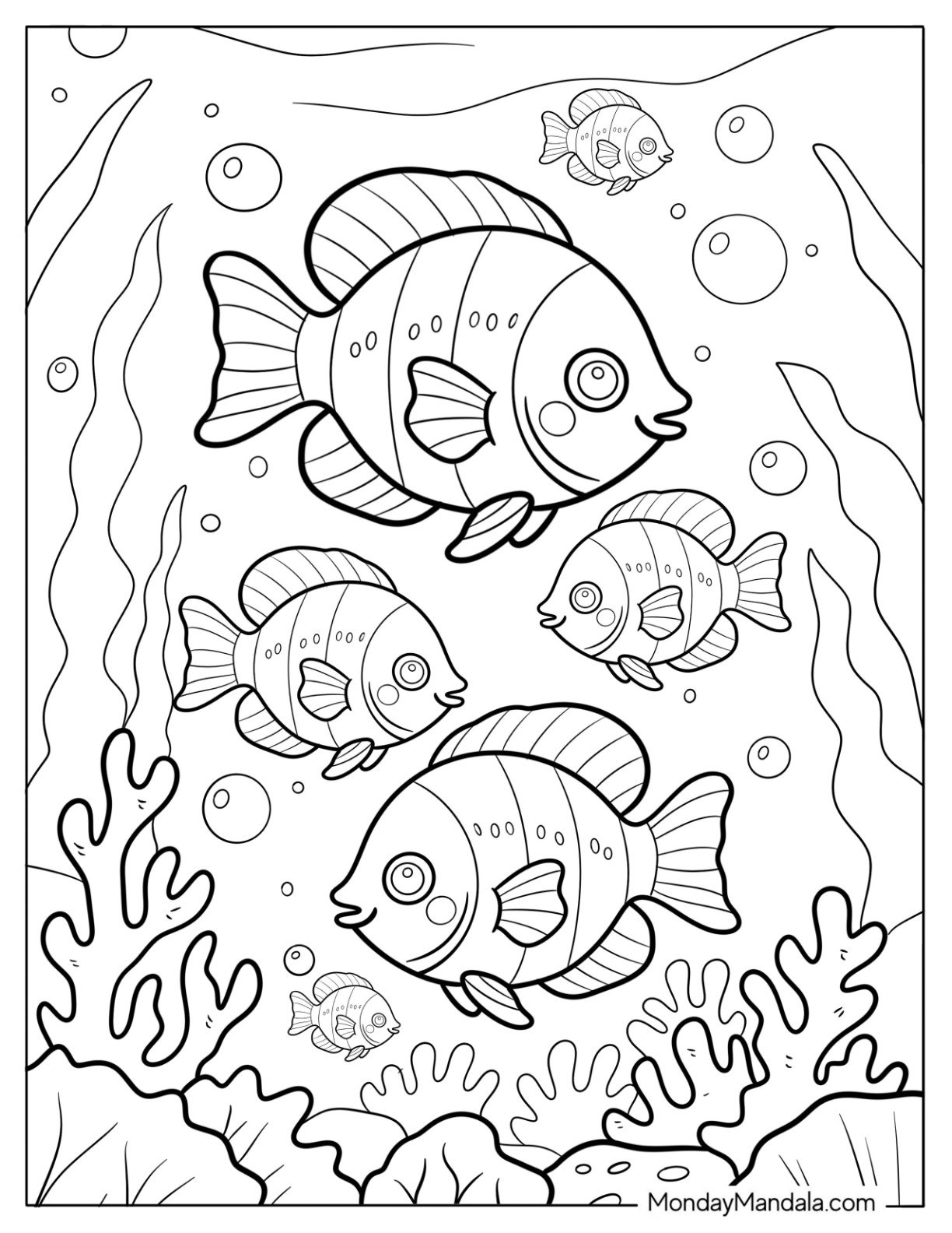 Fish Coloring Page of Tropical Fish Family Swimming in Sea Bubbles