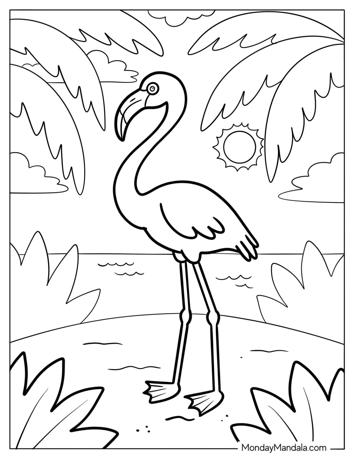 Tropical Flamingo by the Sea Coloring Page