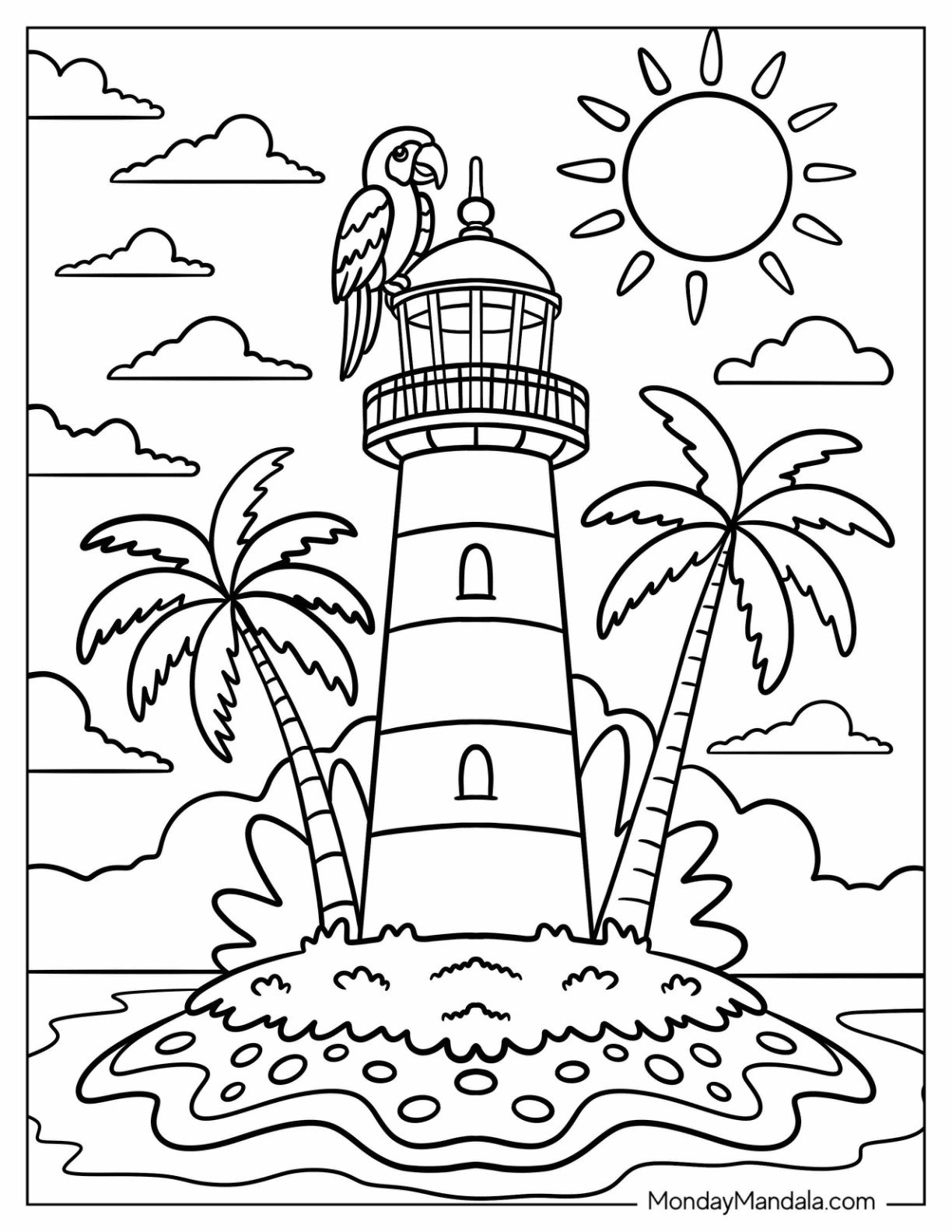 Tropical Lighthouse Coloring Page with Palm Trees and Parrot for Kids