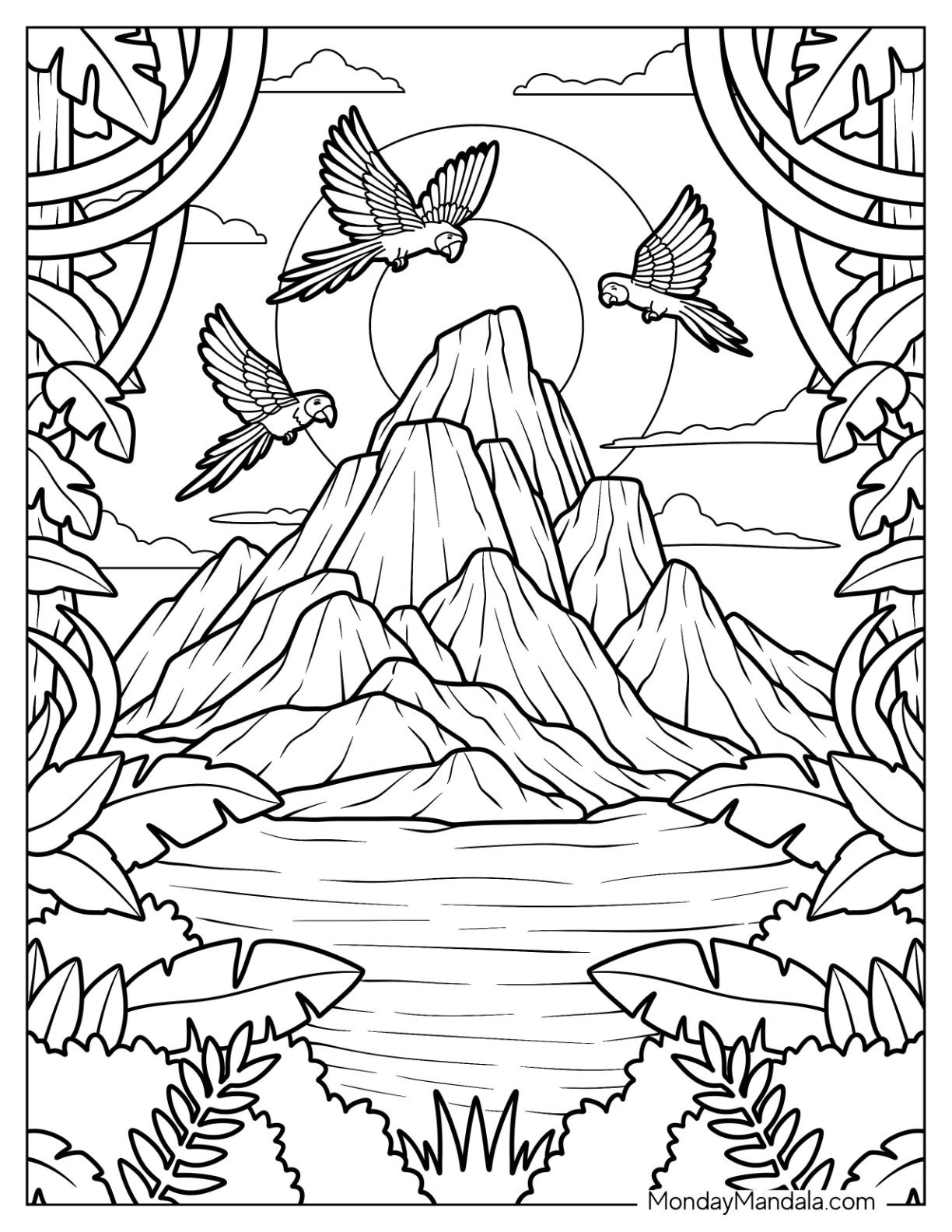 Tropical Mountain View with River and Exotic Birds Jungle Coloring Page
