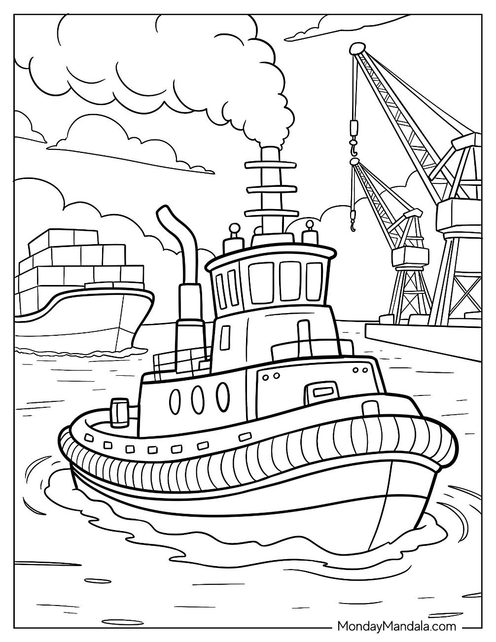 Boat & Ship Coloring Page of Tugboat Sailing Through Busy Harbor with Cargo Ship and Cranes