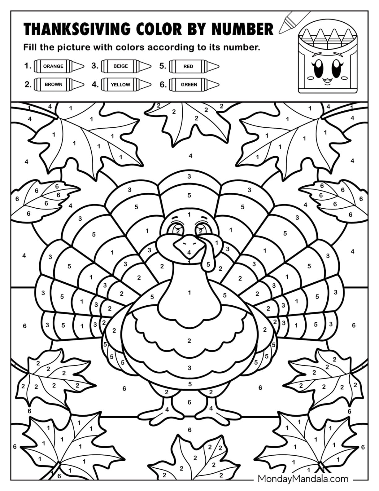 Turkey with Autumn Leaves Thanksgiving Color by Number