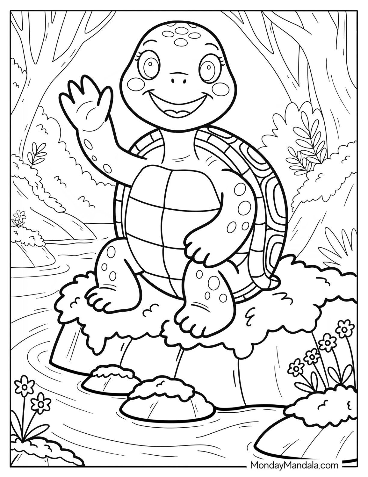 Turtle Coloring Page Sitting by a River and Waving