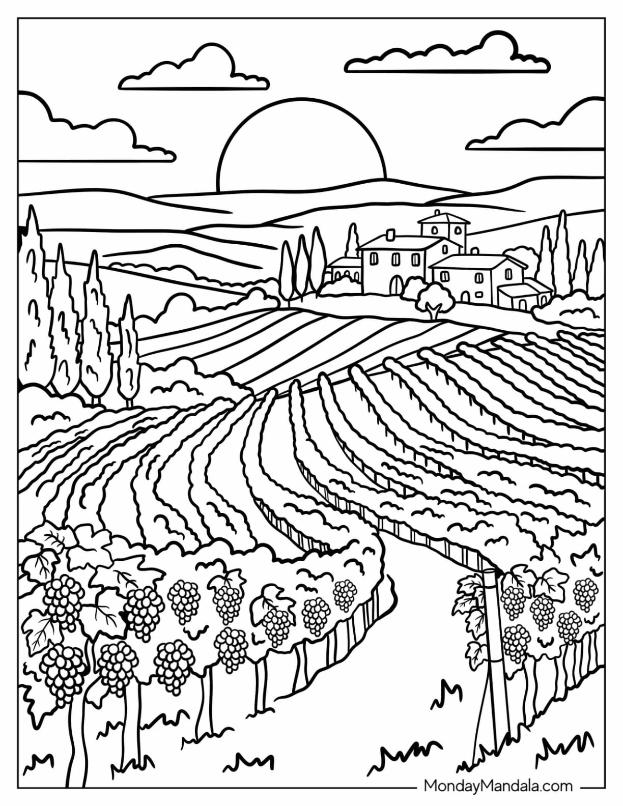 Italy Coloring Page of Tuscan Vineyard with Rolling Hills and Farmhouse