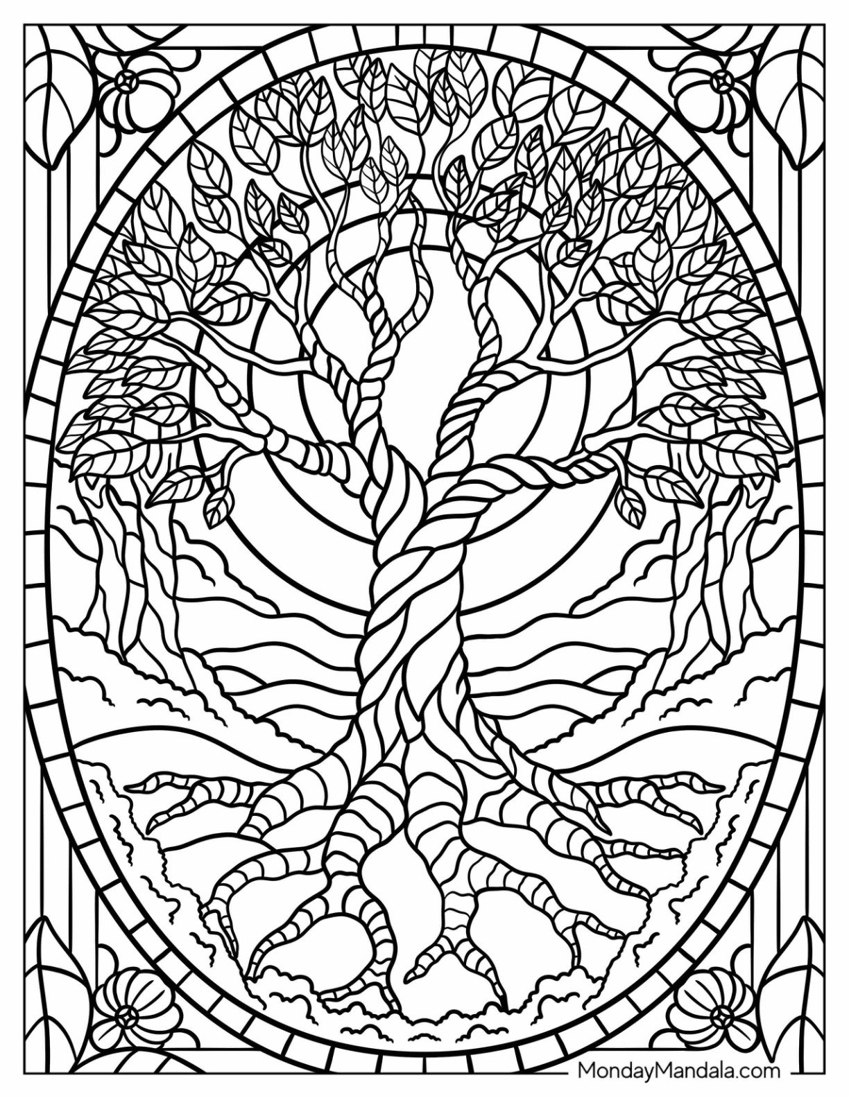 Twisting Tree of Life with Intricate Branches and Roots Stained Glass Coloring Page
