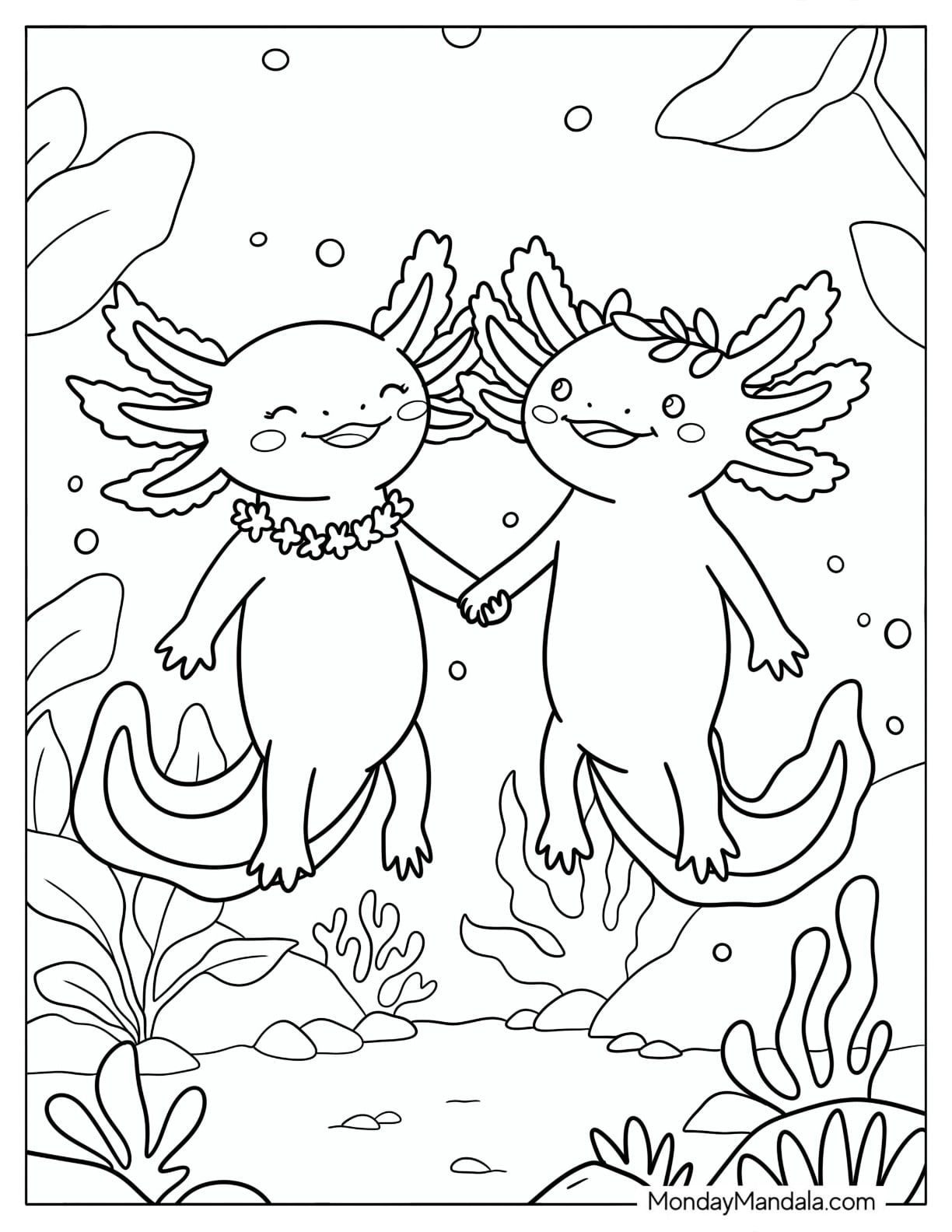 Two Axolotls Holding Hands Underwater Coloring Sheet