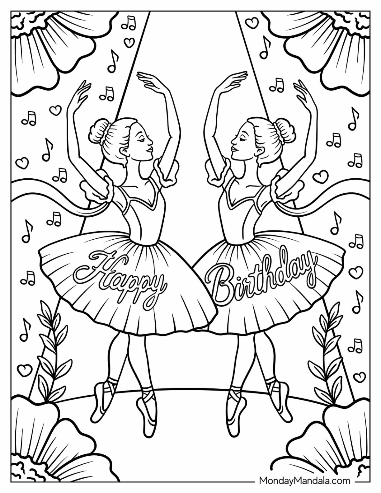 Two Ballerinas with Happy Birthday Coloring Page on Their Tutus