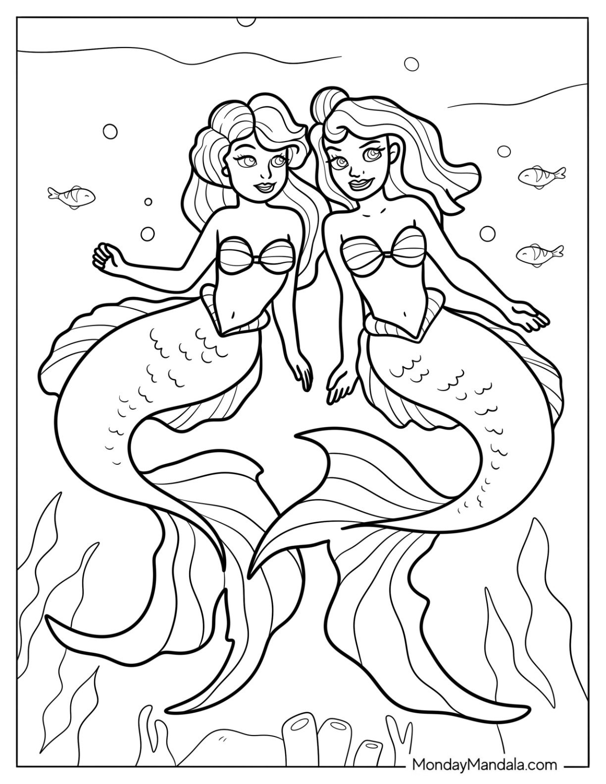 Two Beautiful Mermaid Coloring Page Swimming in the Sea
