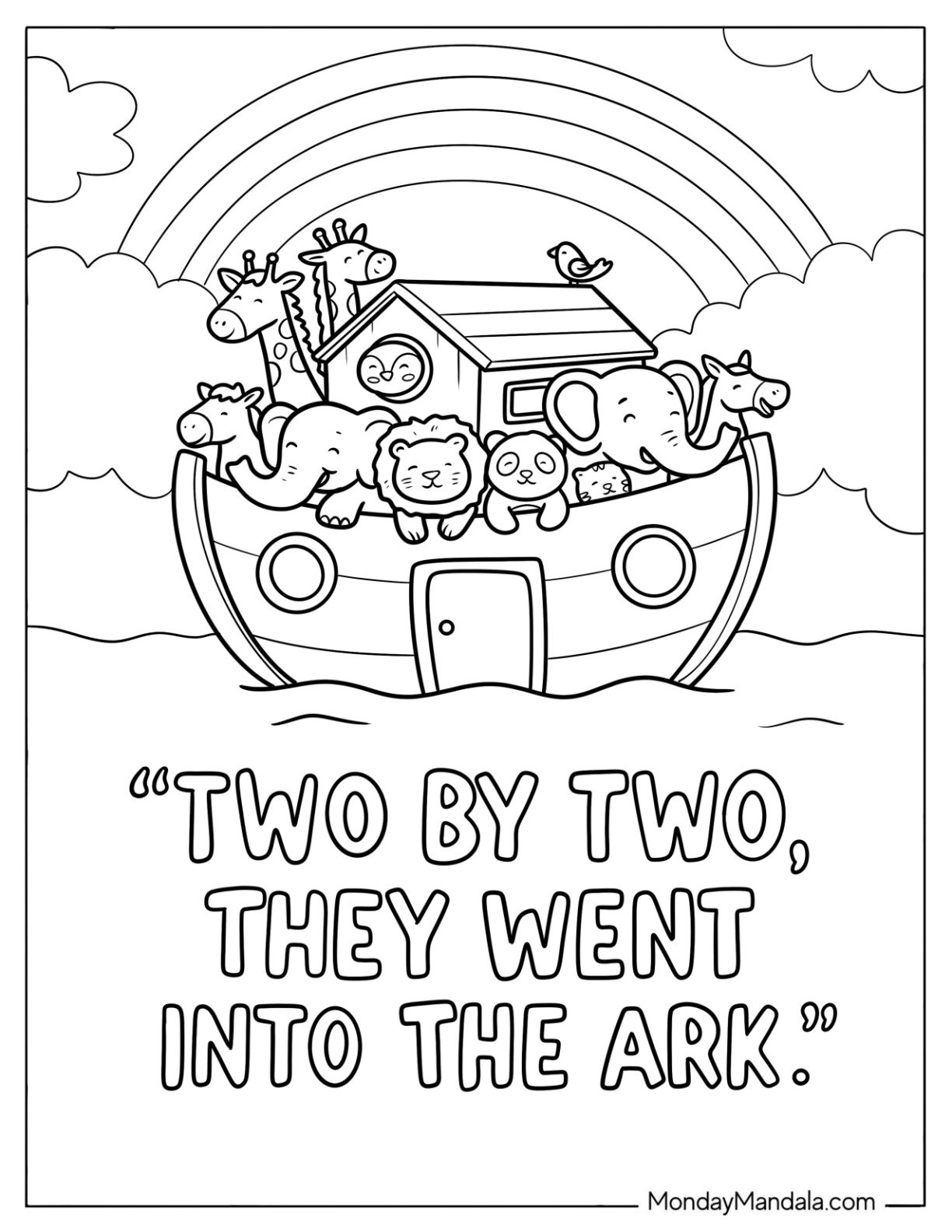Two By Two They Went Into The Noah's Ark Coloring Page with Rainbow at Sea