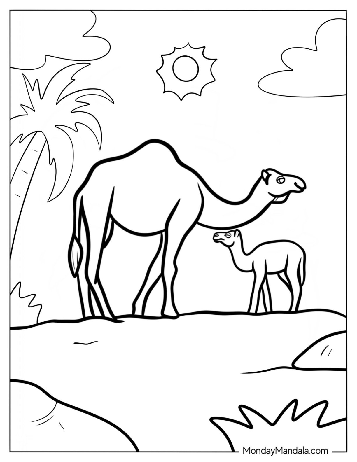 Two Cartoon Camel Coloring Page In The Desert