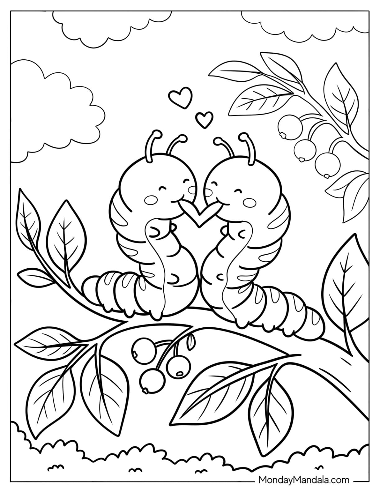 Two Caterpillar Coloring Page Making a Heart on a Tree Branch