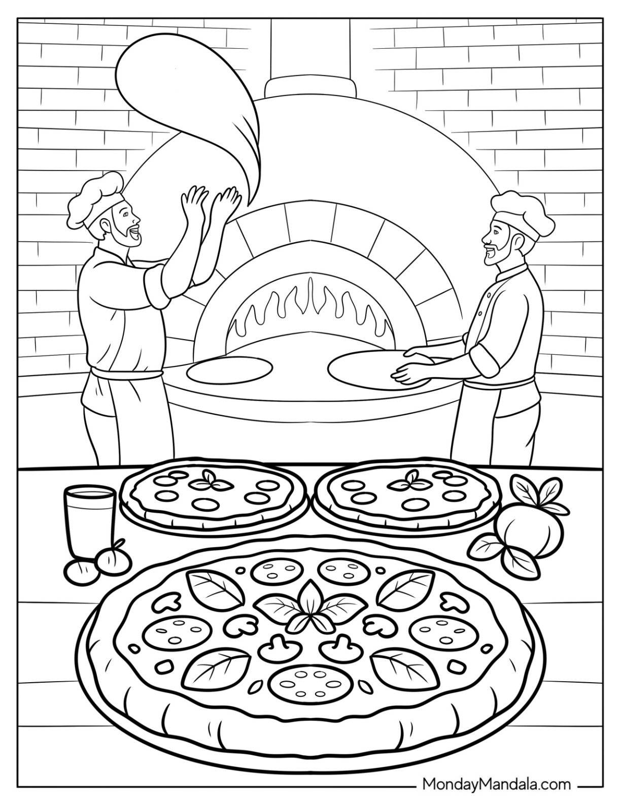 Two Chefs Flipping Dough in Front of Oven and Three Pizza Coloring Page