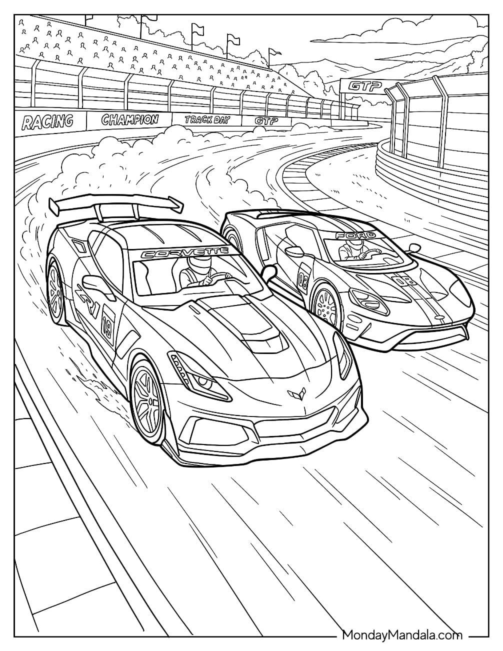 Two Chevrolet Corvettes Racing Around a Track Coloring Page