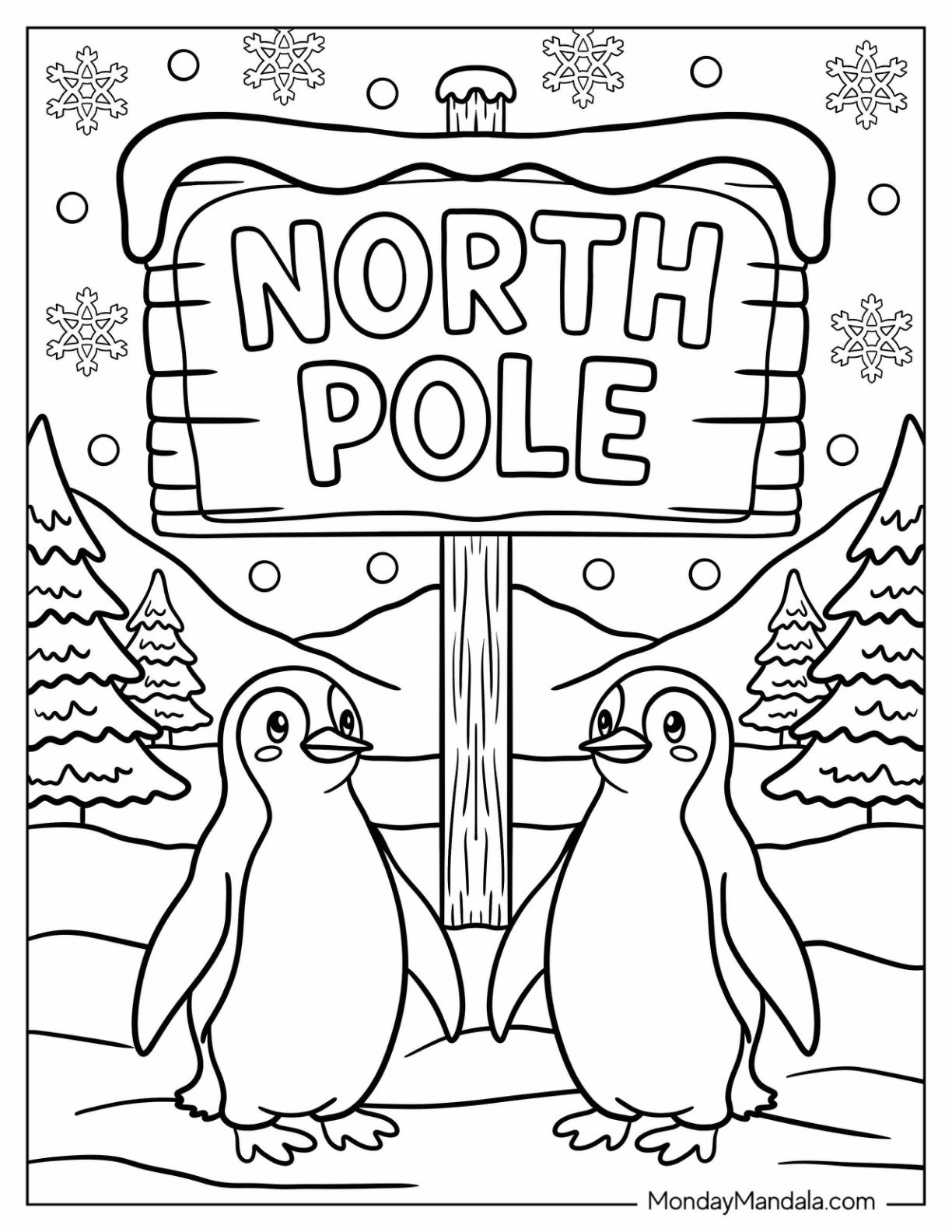 Two Cute Penguins in Front of North Pole Coloring Page Sign