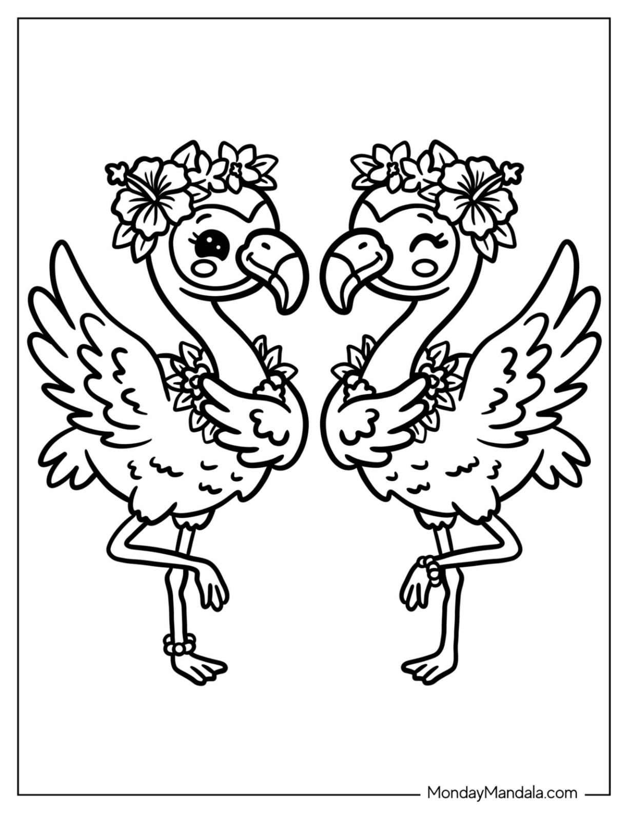 Two Flamingos Dancing in Flower Crowns and Leis Coloring Sheet for Kids