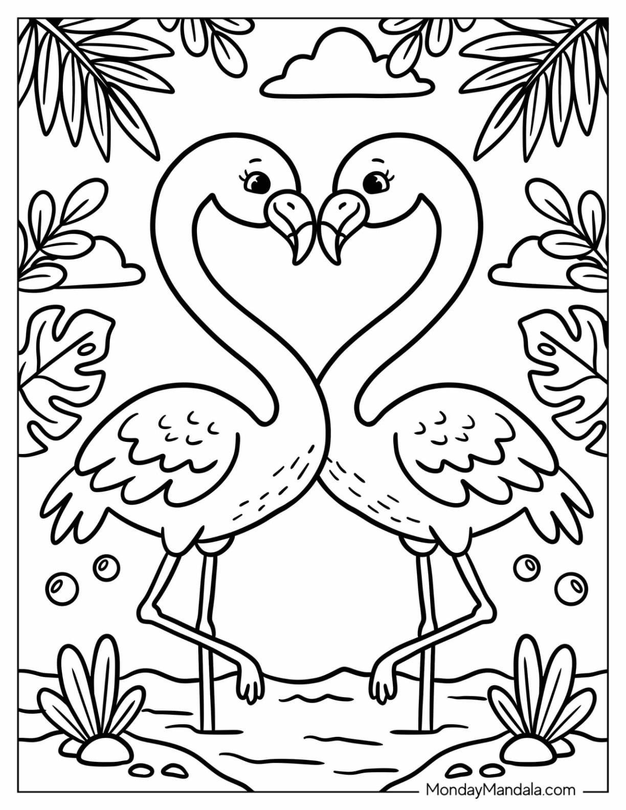 Two Flamingos Forming a Heart with Their Necks Coloring Page