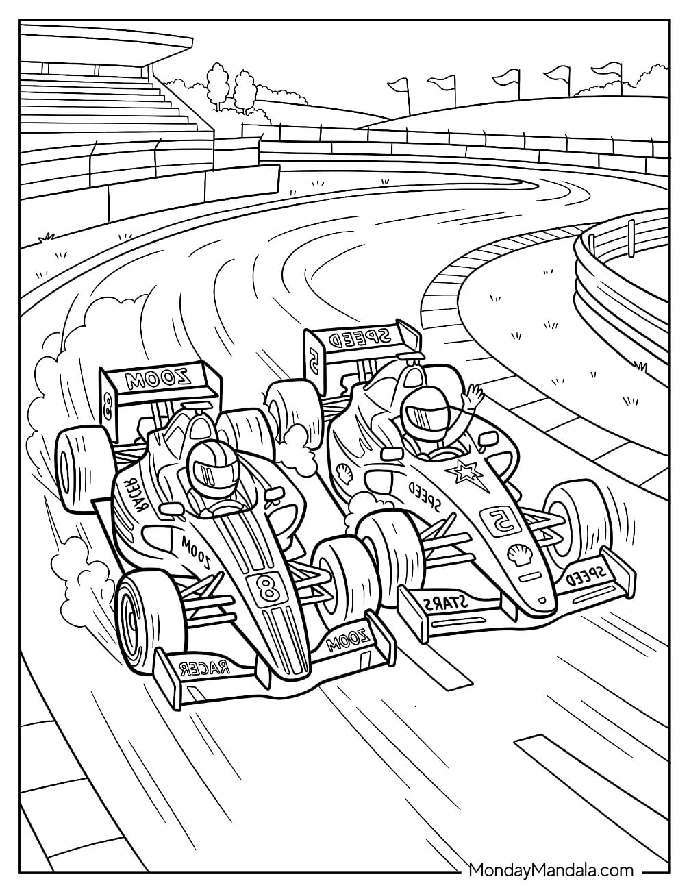 Two Formula 1 Cars Racing Side by Side Coloring Sheet