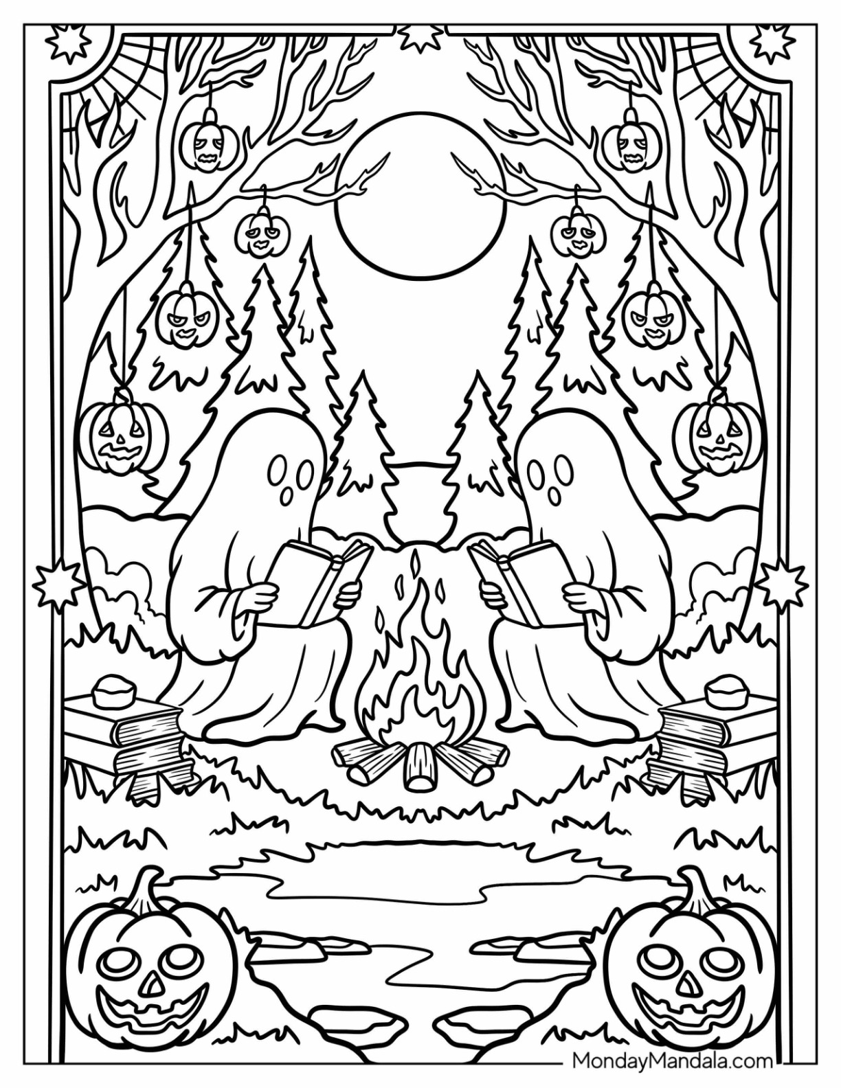 Two Ghosts Reading by a Campfire Under the Full Moon Halloween Coloring Page for Adults