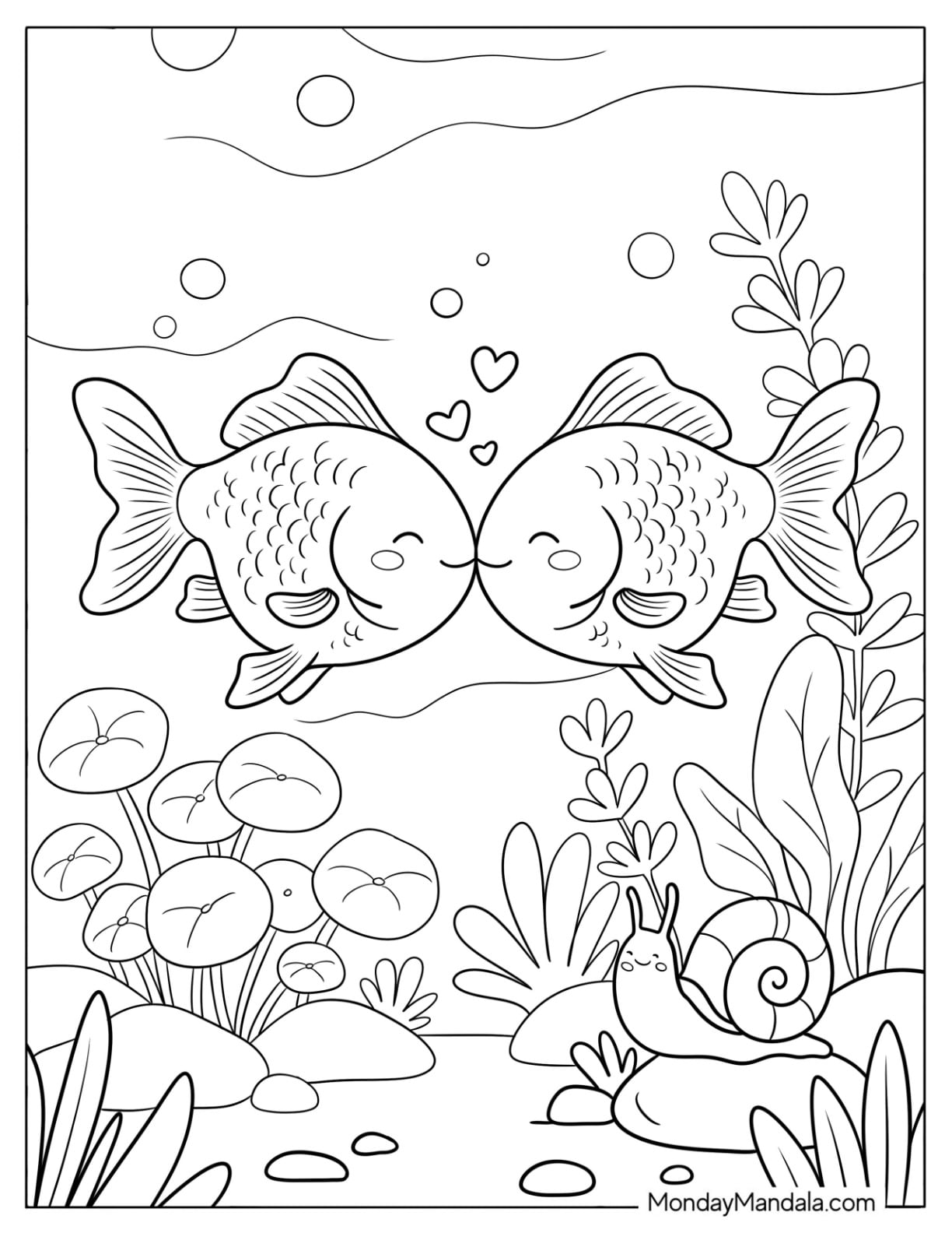 Two Goldfish Coloring Page Kissing with Hearts Underwater for Kids
